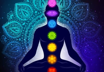 image_1673334364065 Meditating human in lotus pose. Yoga illustration. Colorful 9 chakras and aura glow. Mandala background.